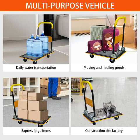 Heavy Duty Foldable Platform Hand Truck Rated At 330 Lbs With Silent Swivel Rollers transporting water bottles and luggage.