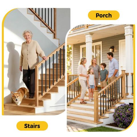 Hella Sturdy 110 Pcs 32 Inch Rectangular Iron Deck Balusters Straight Railing Spindle Kit used for stair and porch safety.