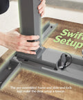 Heavy Duty Dual Motor Electric Standing Desk With Smooth Height Adjustment And Killer Ergonomic Wrist Relief Edge Built On A Solid Frame With Top Shelf Reclaimed Wood Top In Slate For Home Office during assembly process.