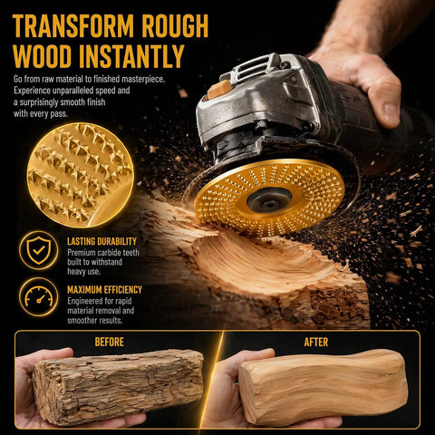 Three Piece Wood Carving Disc Kit For Angle Grinders Four Inch And Four Point Five Inch Tungsten Carbide Cutting Wheels in action