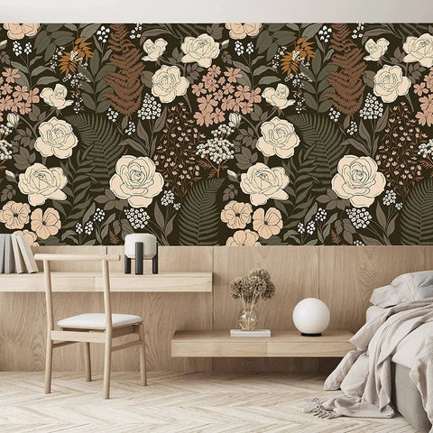 Peel And Stick Floral Wallpaper Removable Rose Leaf Pattern Vintage Wall Mural For Living Rooms And Bedrooms No Mess Easy Install Durable Vinyl Eco Friendly Ink 17.7 Inch By 32.8 Foot Black Brown Beige displayed in a modern room.
