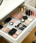 4 Pack 15x6 Inch Extra Large Clear Plastic Drawer Organizer Trays For Vanity Makeup Kitchen Utensils Bathroom Office Desk Auto Tools And Craft Supplies Ultra Handy Multi Purpose Storage Bins in makeup drawer with cosmetics