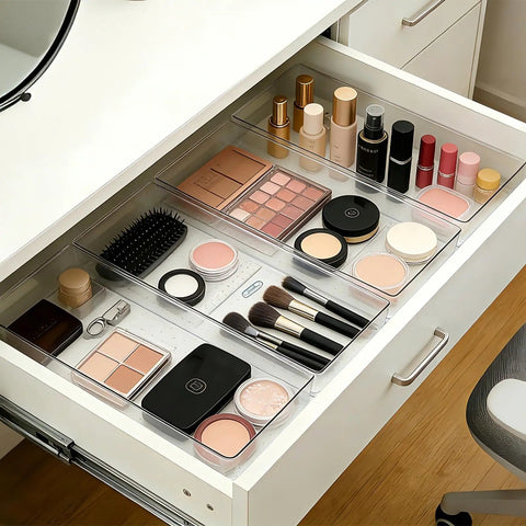 4 Pack 15x6 Inch Extra Large Clear Plastic Drawer Organizer Trays For Vanity Makeup Kitchen Utensils Bathroom Office Desk Auto Tools And Craft Supplies Ultra Handy Multi Purpose Storage Bins in makeup drawer with cosmetics