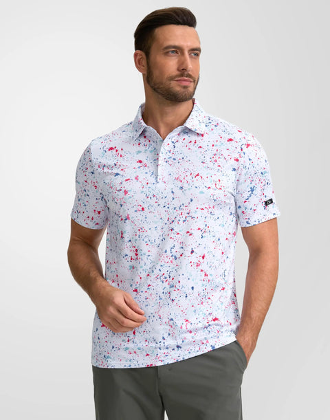 Men's Golf Polo Shirt Short Sleeve Dry Fit Performance Moisture Wicking Collared Polo With Stretch Fabric For Men White Dots Print XL