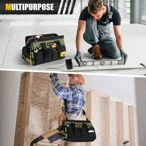 Heavy Duty Tool Bag 15 Inch With 16 Pocket Portable Tool Box Organizer For Big Capacity Storage Soft Handle Zipper Carrying Bag Perfect For Hammers Screwdrivers Drills And More Dad Gifts Green used by workers on site