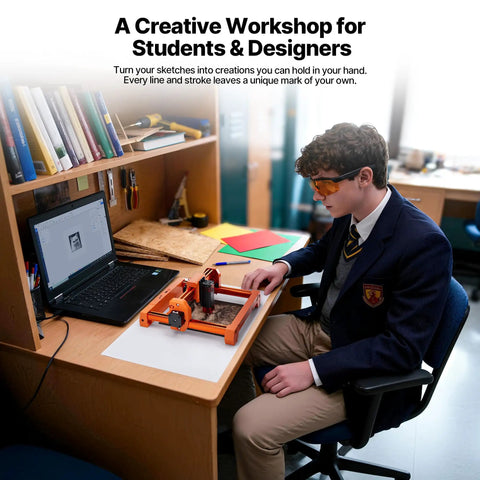 Desktop 3.5W Laser Engraver And Cutter Machine Featuring Plug And Play Design on a desk with a student using it.