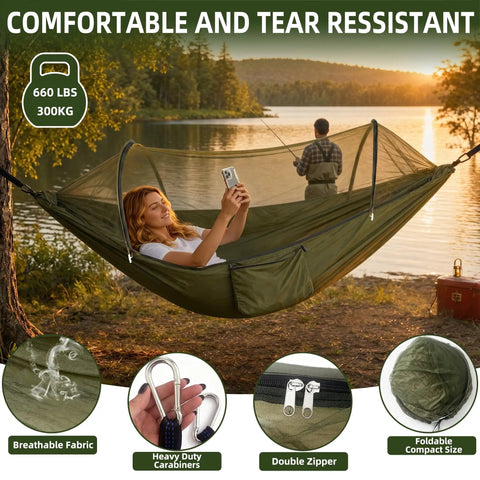 Go To Ultra Lightweight Travel Hammock With Pop Up Bug Net For Backpacking And Camping by a lake during sunset