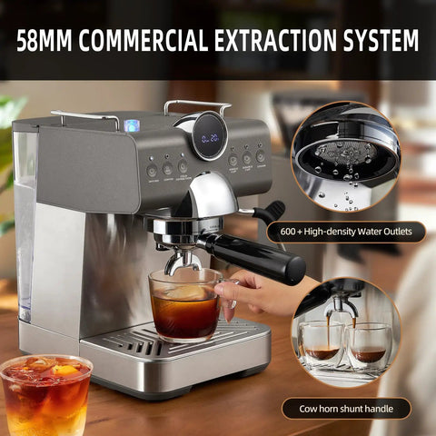 Compact Espresso Machine With 20 Bar Pump And Manual Steam Milk Frother For Classic Lattes And Iced Coffee With Bright Lcd Panel Serves Straight Fire Sips At Home The Absolute Game Changer Every Coffee Crew Needs Right Now, 58mm commercial extraction system brewing iced coffee.