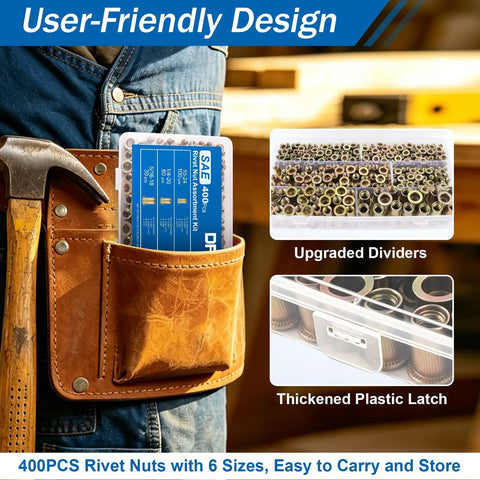 Heavy Duty 400 Piece Zinc Plated Rivet Nut Kit With UNC Threaded Inserts From 6-32 To 3/8-16 in leather tool pouch, showing organized nuts.