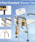 Sturdy 304 Stainless Steel Shower Caddy Hanging Organizer for Shower Chairs and Benches Designed for Elderly Seniors and Disabled Bath Time Use No Fuss Easy Install Rustproof Water Resistant Keeps Toiletries Within Reach in the Shower displayed on chair.