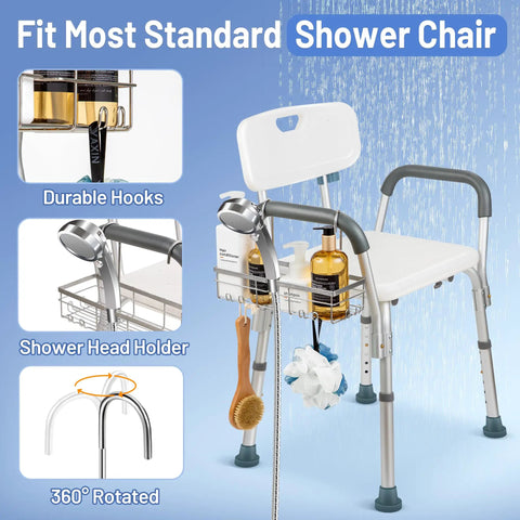 Sturdy 304 Stainless Steel Shower Caddy Hanging Organizer for Shower Chairs and Benches Designed for Elderly Seniors and Disabled Bath Time Use No Fuss Easy Install Rustproof Water Resistant Keeps Toiletries Within Reach in the Shower displayed on chair.