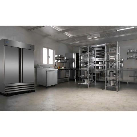 Heavy Duty Commercial Refrigerator With Adjustable Wire Shelves And Digital Led Display 48 Cubic Feet in a stainless steel kitchen.