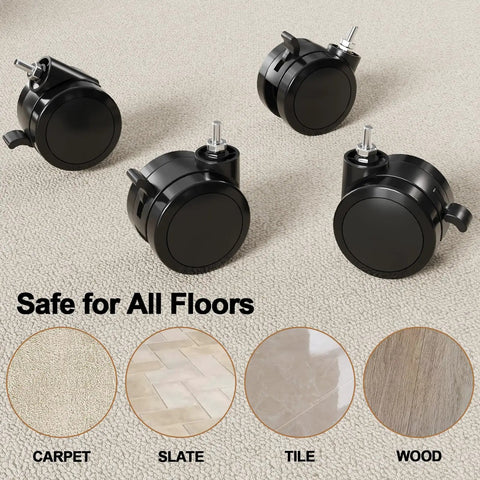 Top Shelf Black 2.5 Inch Locking Swivel Caster Wheels Set Of 4 With M8 Threaded Stem Mount on a carpeted floor.