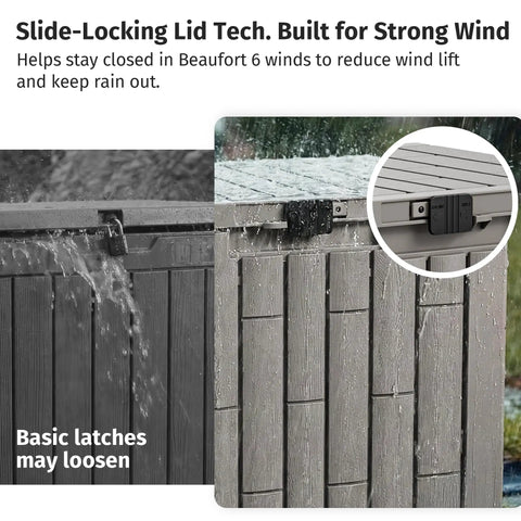 Outdoor Storage Box 31 Gallon Waterproof Resin Deck Box with lockable lid and rain on grey surface, designed for patio use