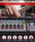 8 Channel Wireless DJ Mixer With Bluetooth And USB Audio Interface, 6 Mic Or Line Inputs, Hand Adjusting Knobs