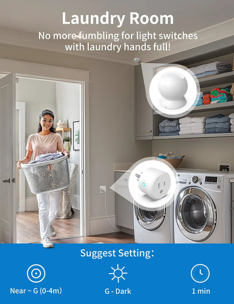 Motion Sensor Outlet With Timer Plug N Play PIR Motion Activated Switch for laundry rooms, featuring washing machines and folded towels.