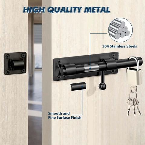 6 Inch Heavy Duty Slide Bolt Latch Built To Last In SUS304 Stainless Steel Barrel Bolt Lock for barn doors, matte black, close-up view