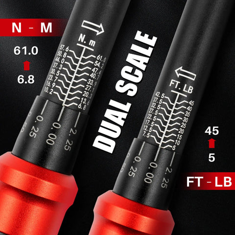 Close-up of dual scale readout on Three Eighth Inch Drive Click Torque Wrench With Five To Forty Five Foot Pound Range For Cars And Bikes DIY Projects High Precision Plus Laser Engraved Dual Scale Readout And Traceable Serial Certificate
