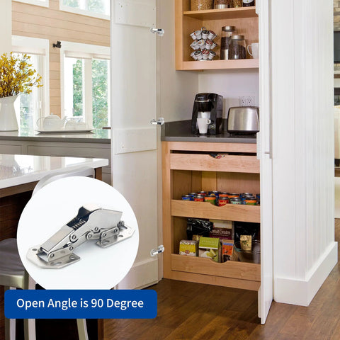 Hidden Soft Close Surface Mount 90 Degree Spring Hinges For Frameless Cabinets installed on a white kitchen cupboard door