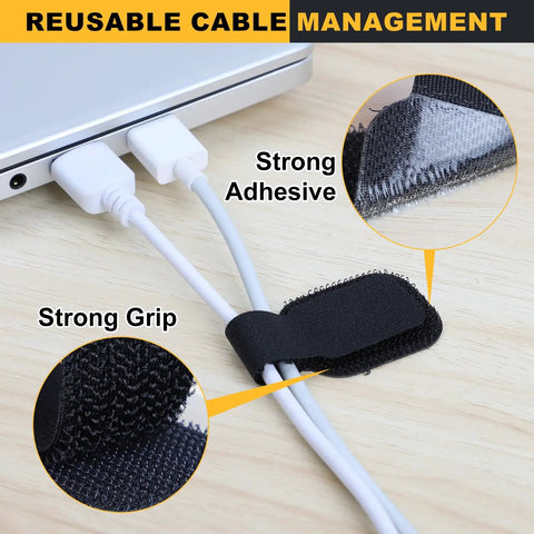 Heavy Duty Self Adhesive Cable Straps With Strong Sticky Backing Reusable Hook And Loop Ties securing under desk cables