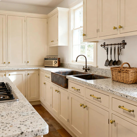 10 Inch Antique Brass Cabinet Pulls on kitchen cabinets with flat brushed brass finish, zinc alloy handles installed on cream cupboards