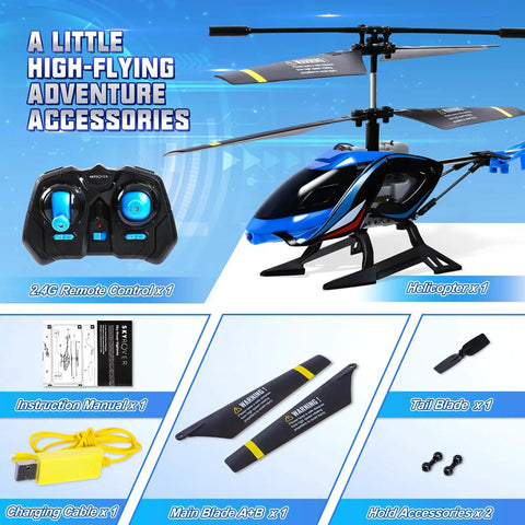 Rugged 2.4G RC Helicopter With LED Lights For Indoor And Outdoor Flight set, showing accessories and remote control, Vigilante Style.