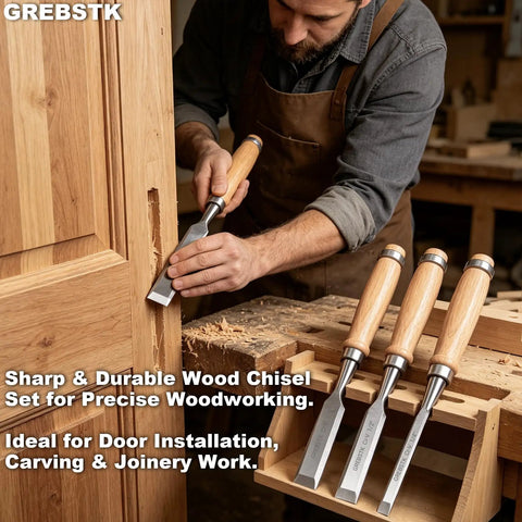 4 Piece Ultra Sharp Wood Chisel Set With CR V Steel Beveled Blades And Guards Comfortable Durable Handles For Carving DIY