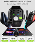 Heavy Duty 150W Car Power Inverter That Smoothly Converts 12V DC To 110V AC featuring dual AC outlets and USB ports.