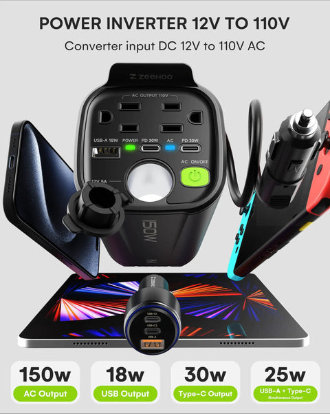 Heavy Duty 150W Car Power Inverter That Smoothly Converts 12V DC To 110V AC featuring dual AC outlets and USB ports.