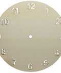 Front view of a 9-inch round unfinished wooden clock face with laser-cut white numerals 1–12 and center hole
