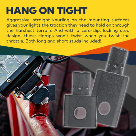 Close-up of Off Road Light Bar Mounts for ATV UTV 360 Degree Rotating Clamp Kits with locking stud on red bar