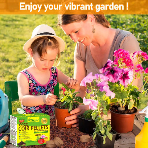 50 Pack 30mm Coco Coir Pellets Seed Starter Soil Mix Organic Coconut Coir Pods For Seedlings Indoor Outdoor Plants Bonsai Herbs Vegetables Flowers No Fuss Grow Kit next to mother and daughter gardening with potted plants.