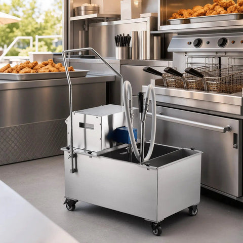 VEVOR Commercial Mobile Fryer Filter Truck Cart 55 Liter Oil Filtration System in a stainless steel kitchen setting.