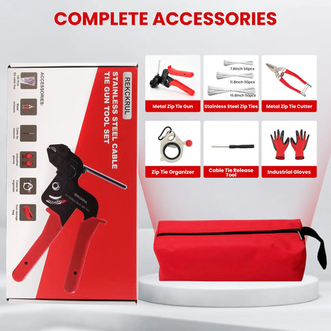 Workhorse Heavy Duty Stainless Steel Cable Tie Gun Set With 150 Self Locking Zip Ties And Cutter Kit box with accessories