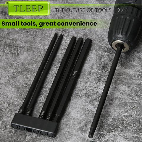Heavy Duty Long Hex Shank Allen Wrench Drill Bit Set With Magnetic Tips, SAE 9/64 5/32 3/16 7/32 1/4 5/16, 6 Inch Length, displayed on a table