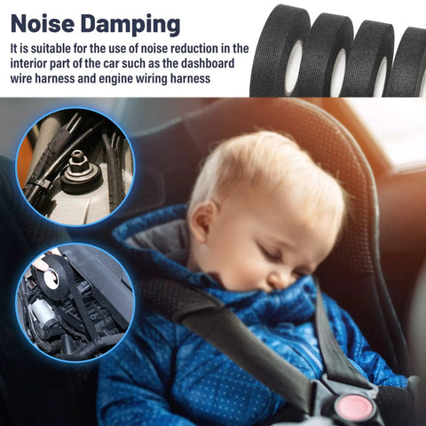 High Temp Wiring Harness Tape For Auto Interiors And Engine Bays Self Adhesive Fabric Cable Loom Wrap Built To Cut Noise And Protect Dash Harnesses Durable Three Quarter Inch By Fifty Feet Five Roll Pack shown with sleeping child in car seat