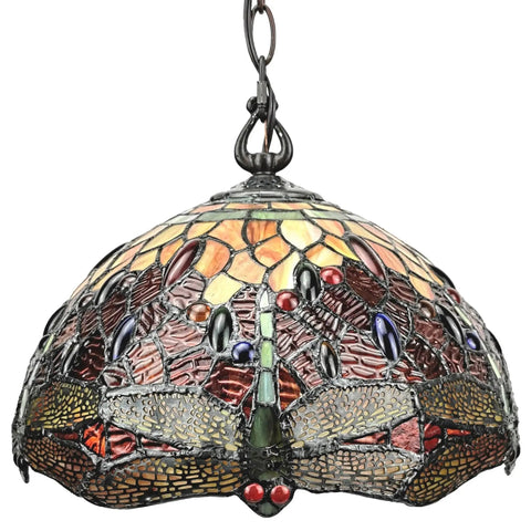 Stained Glass Pendant Light With Red Dragonfly Jewels, 14 Inch Wide Old School Vintage Look For Dining Room Kitchen Living Room