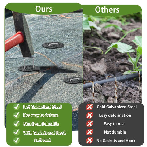 Comparison of Heavy Duty U Shaped Galvanized Landscape Fabric Pins 200 Pack and competitors, showing durability and rust resistance.