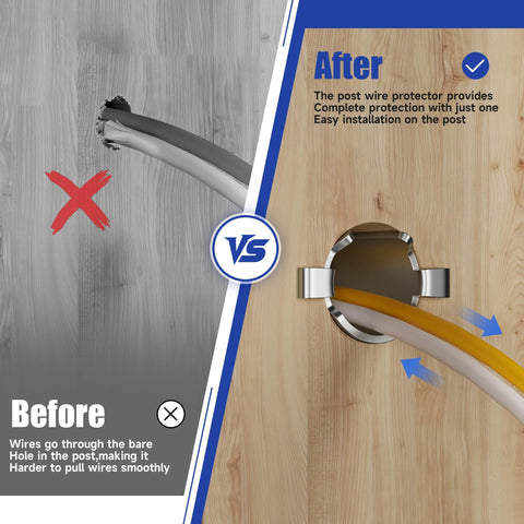 Comparison of bare wire post versus installed Smart Shield Nail Guards For Wire And Cable Protection 100 Pack Heavy Duty Galvanized Steel Nail Protectors.