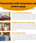Three-function boiler temperature and pressure gauge information with core function integration, compact structure advantage, ease of operation.