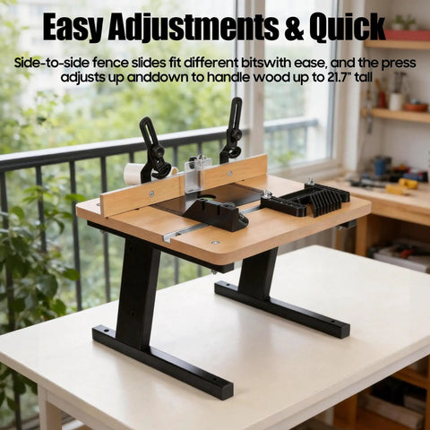 Benchtop Router Table With Heavy Duty Stand And Precision Adjustable Fence, Durable MDF Surface For Straight Shooting Woodrouting, Integrated Dust Port And Clear Shield, Solid Workshop Staple To Nail Every Cut, showing adjustable fence, load capacity.