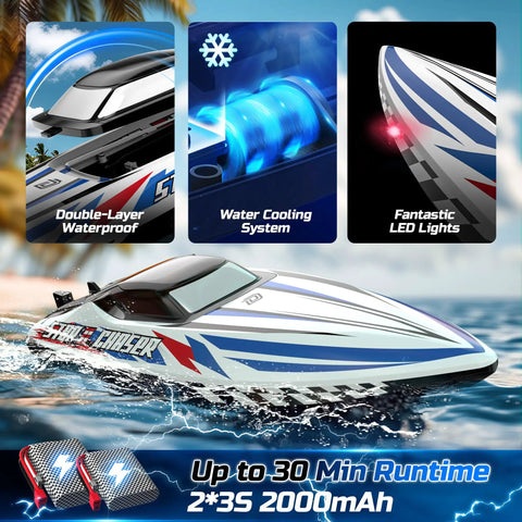 16 Inch Brushless RC Boat For Adults, Hobby Grade Racing Craft With 35 Plus KPH Speed, shown with LED lights, water cooling