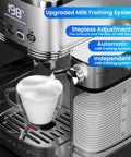 Pro Grade 20 Bar Espresso Machine With Automatic Milk Frother And Precision Temperature Control For Low Stress Home Brewing and milk frothing in action.