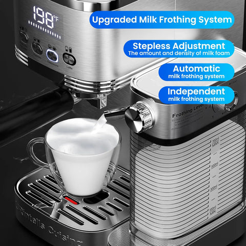 Pro Grade 20 Bar Espresso Machine With Automatic Milk Frother And Precision Temperature Control For Low Stress Home Brewing and milk frothing in action.