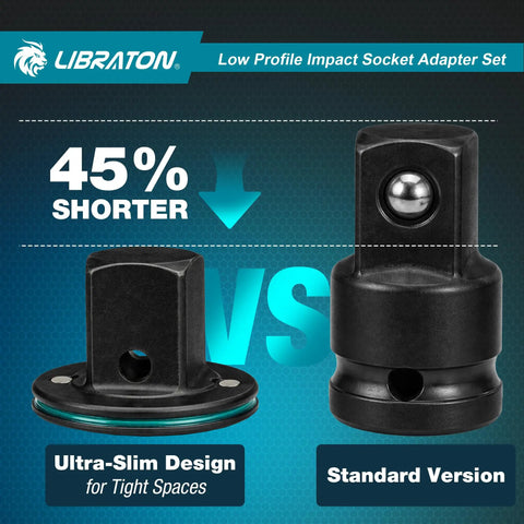 Libraton Low Profile Impact Socket Adapter Set comparison with standard version, highlighting 45% shorter, ultra-slim design for tight spaces.