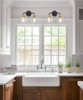Two Light Bathroom Vanity Light Over Mirror With Clear Glass Shades Matte Black And Antique Brass Finish Farmhouse Wall Lights