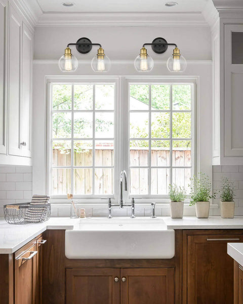 Two Light Bathroom Vanity Light Over Mirror With Clear Glass Shades Matte Black And Antique Brass Finish Farmhouse Wall Lights