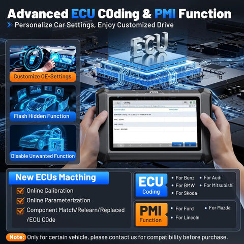 Do It All D7S OBD2 Scanner With Bidirectional Diagnostics And AI Assist, shown with advanced ECU coding screen functions.