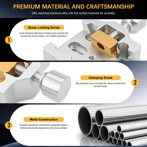 Medium Dovetail Clamp For Telescopes And Cameras With Multiple M6 And One Quarter Inch Screw Holes, brass and aluminum details