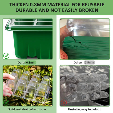 Comparison of All In One Seed Starter Tray Kit 10 Pack With 120 Cells With Thickened 0.8mm PVC Against Thinner 0.5mm Trays